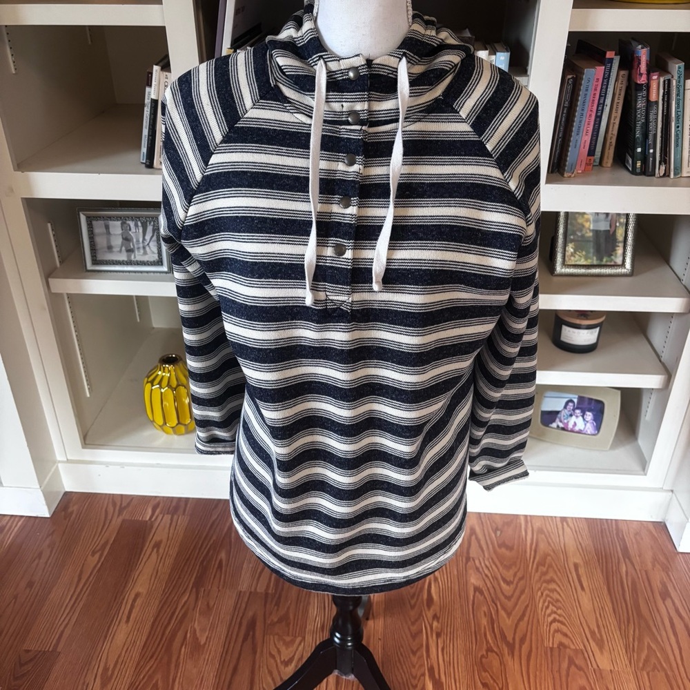 Eddie Bauer Half Snap Pullover Hoodie Blue Gray White Stripes Outdoor Preppy XL - Picture 2 of 8